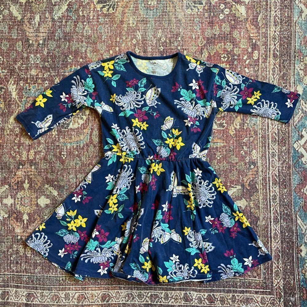 Tea Collection size 10 Floral Kids Dress in Navy Blue w/ butterfly’s 100% cotton